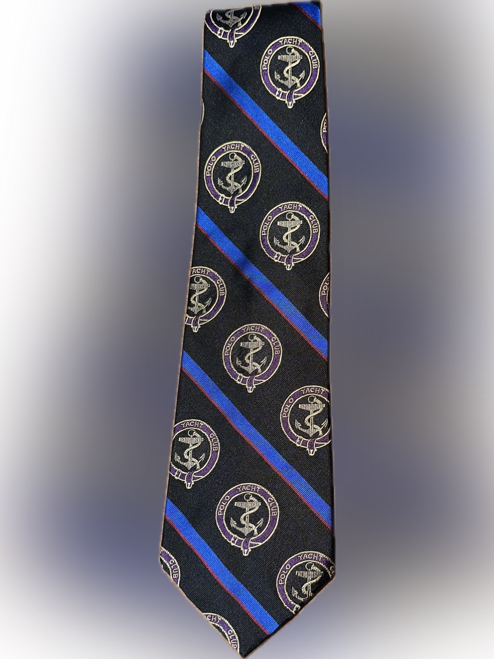 Ralph Lauren Black Tie with Blue Stripe and Purple Crest